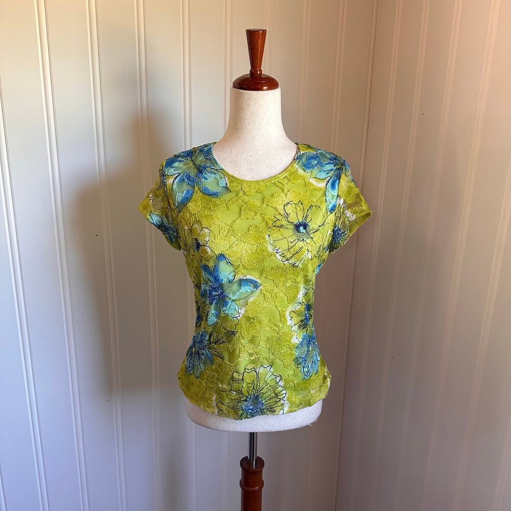 Vintage 90s/Y2K Green Mesh Overlay Floral Top M